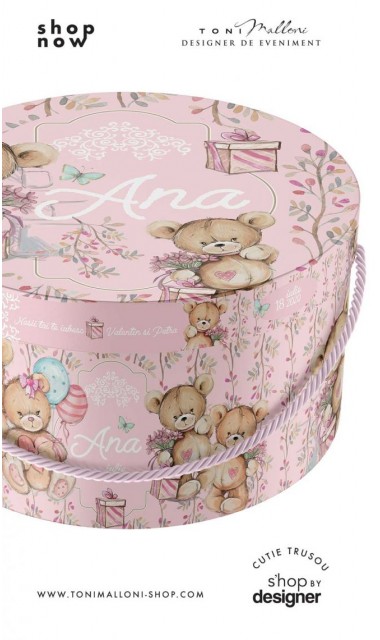 Cutie trusou cu ursulet roz personalizata grafic cu floricele finute 1